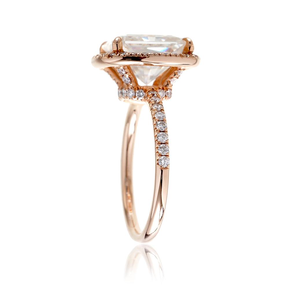 Radiant cut moissanite engagement ring with diamond halo the Drenched rose gold profile view