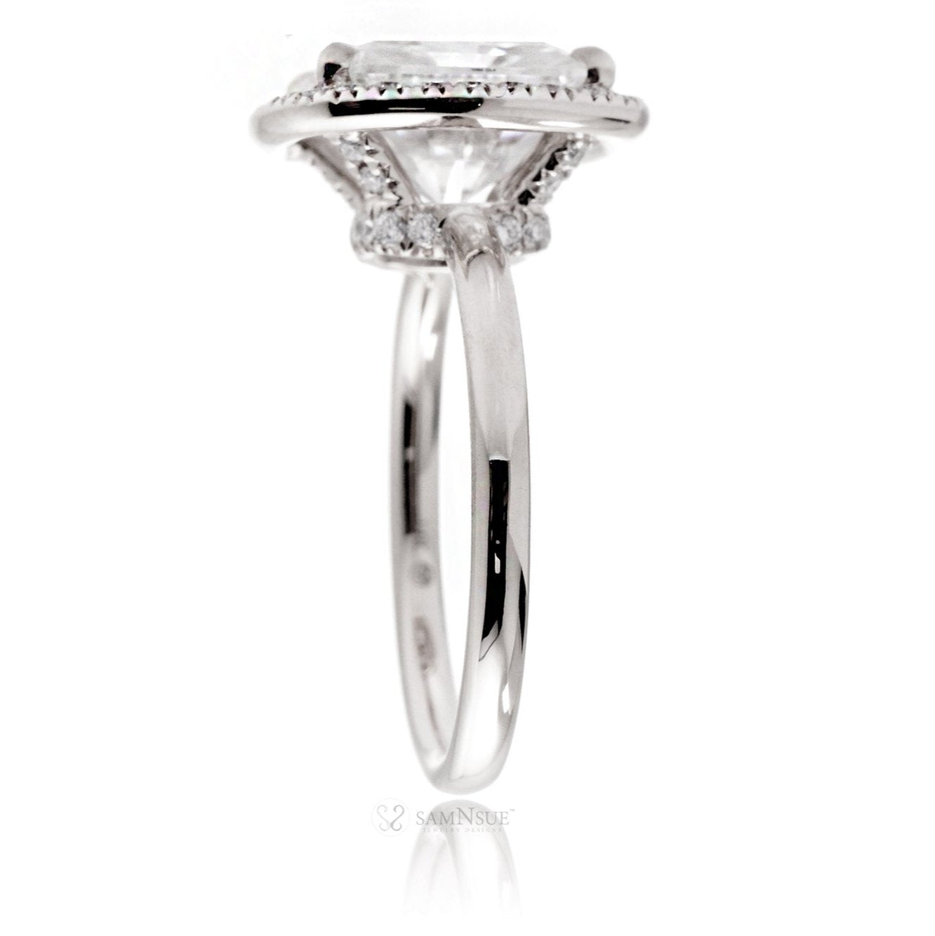 Radiant cut moissanite engagement ring with diamond halo the Drenched white gold solid band