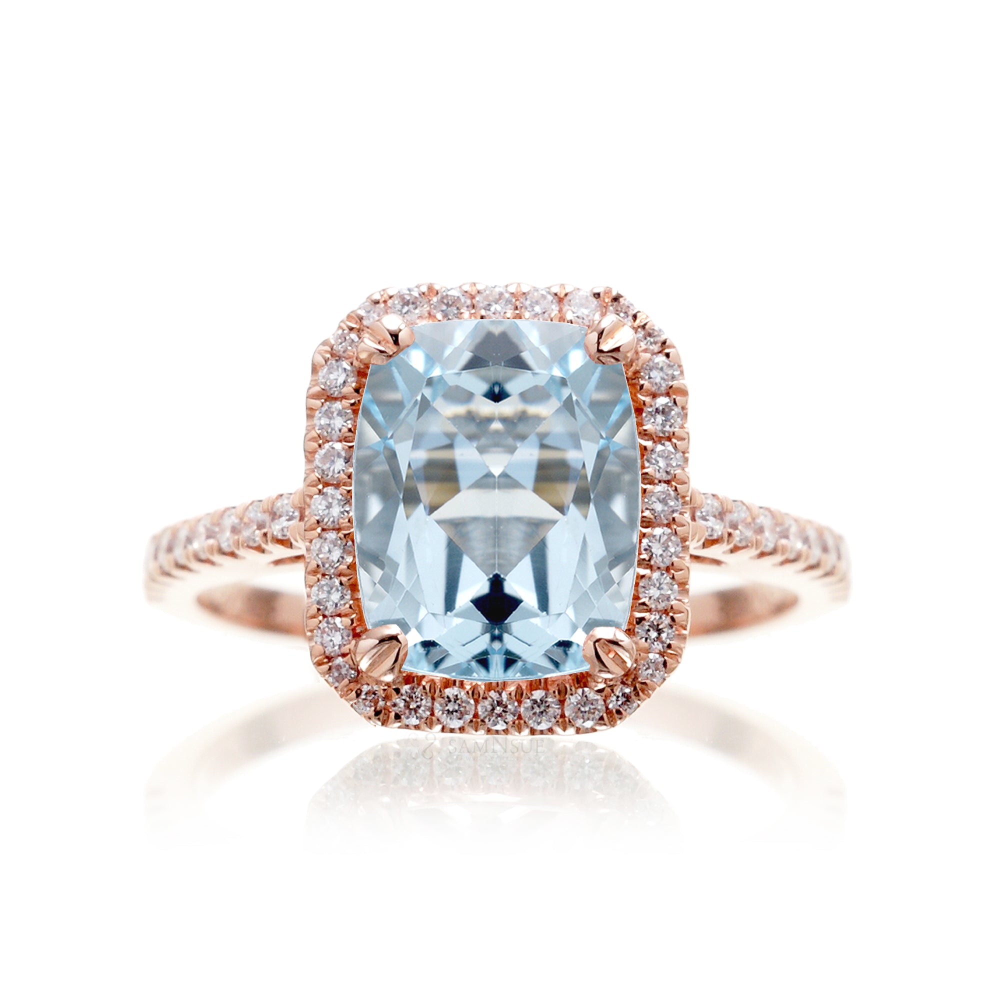 Cushion cut aquamarine diamond halo engagement ring The Signature elongated rose gold