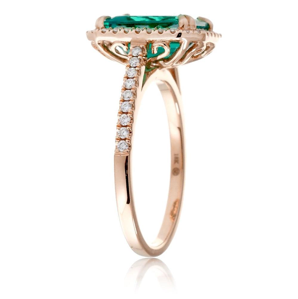 Emerald Cut Emerald With Diamond Halo Engagement Ring In Rose Gold Cathedral Setting