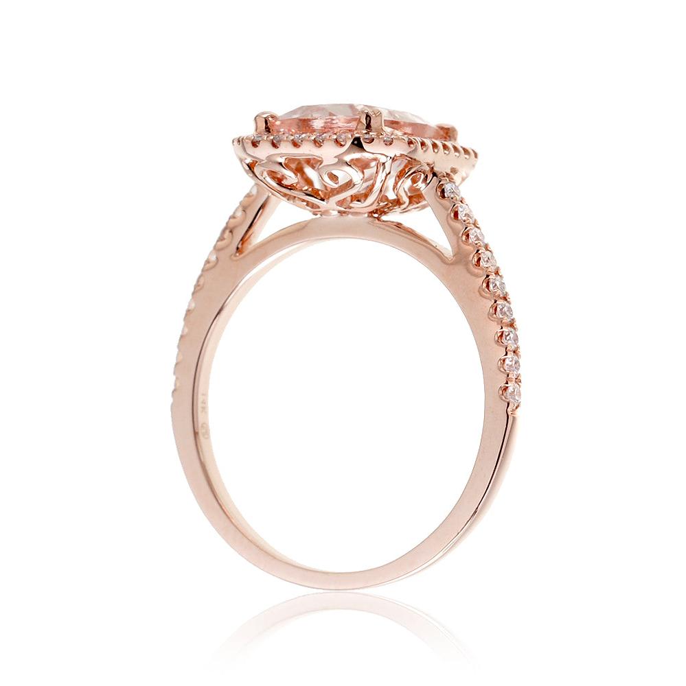 Emerald cut morganite ring with diamond halo in rose gold