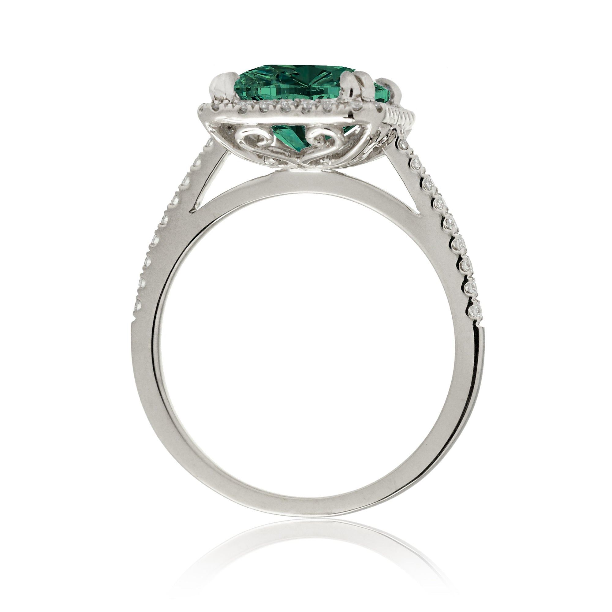 Emerald Cut Emerald With Diamond Halo Engagement Ring In White Gold or Platinum Cathedral Setting