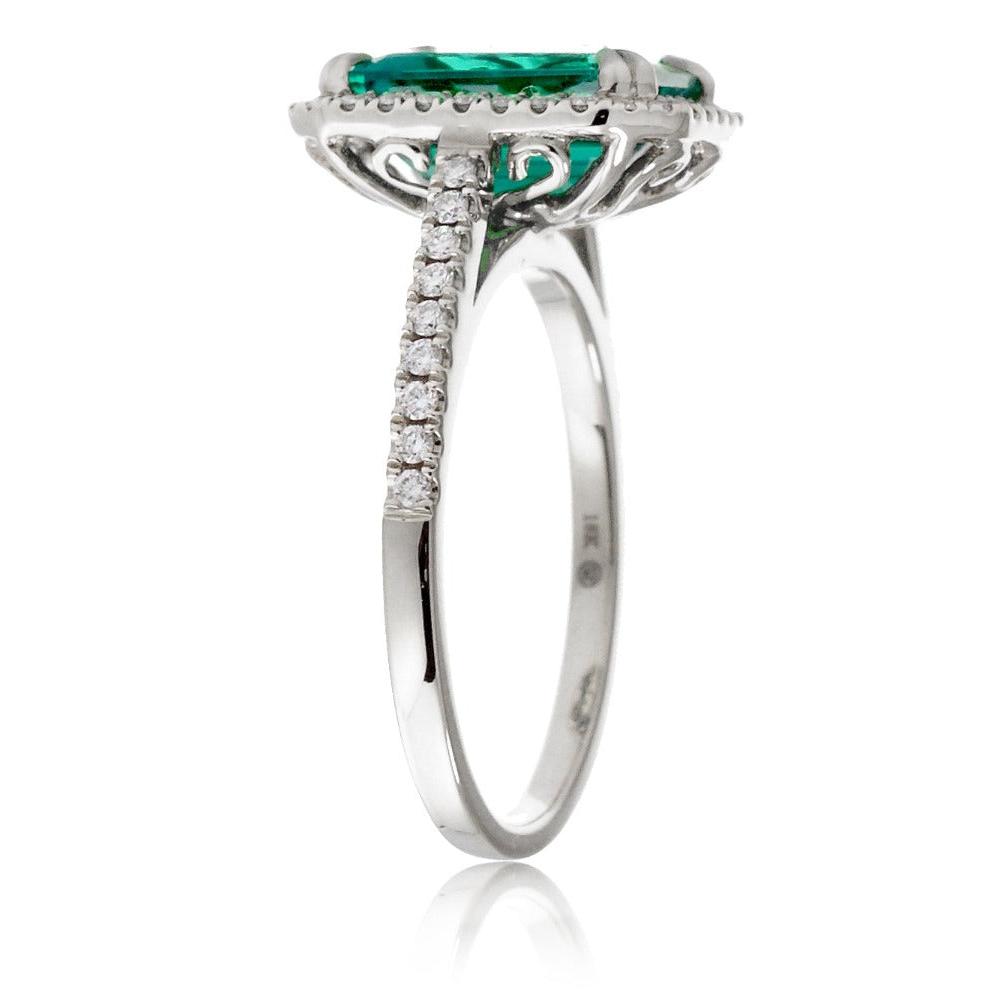 Emerald Cut Emerald With Diamond Halo Engagement Ring In White Gold or Platinum Cathedral Setting