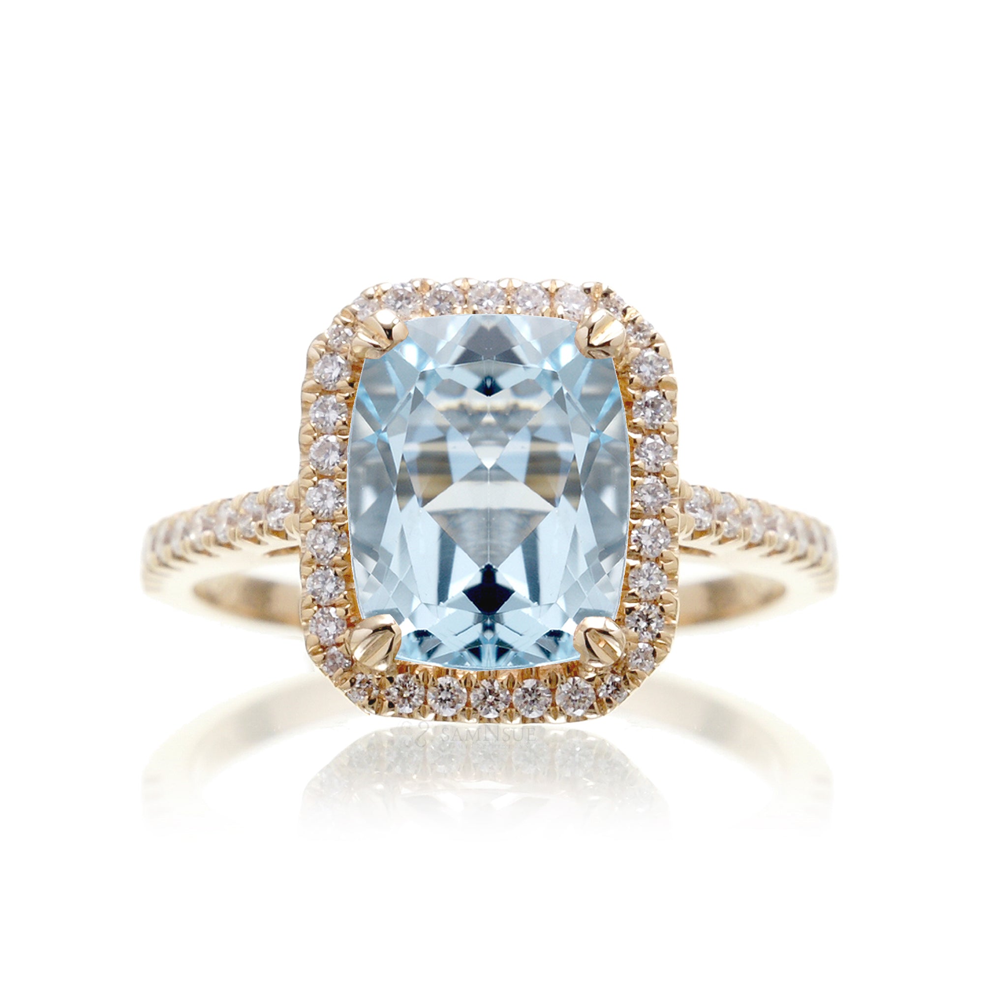 Cushion cut aquamarine diamond halo engagement ring The Signature elongated yellow gold