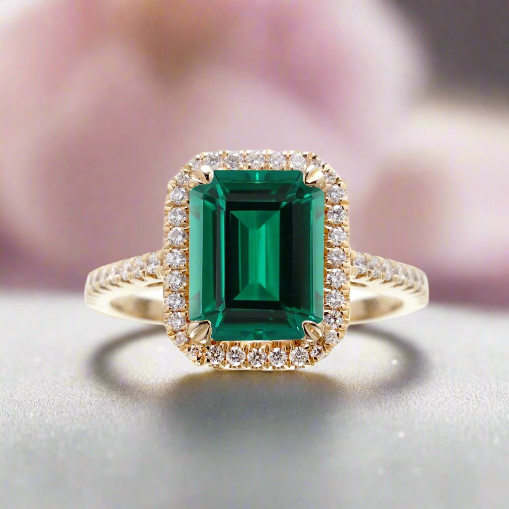 Emerald step cut engagement ring with a diamond halo in yellow gold