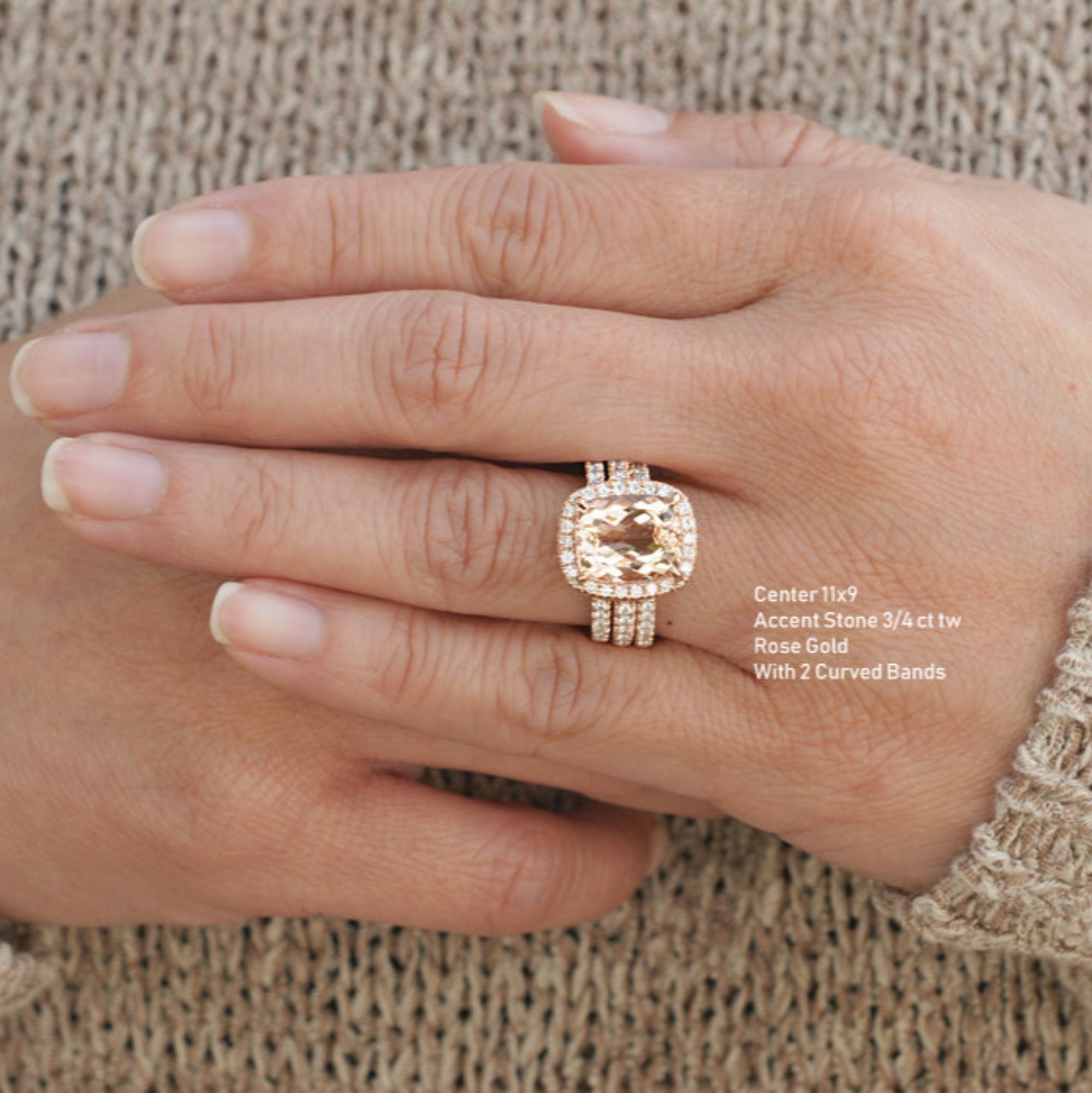 Cushion cut morganite engagement wedding set with two fitted matching band in rose gold