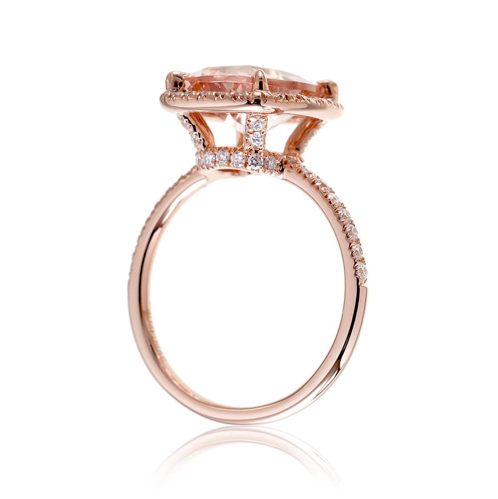 Morganite ring emerald cut diamond halo the Drenched rose gold