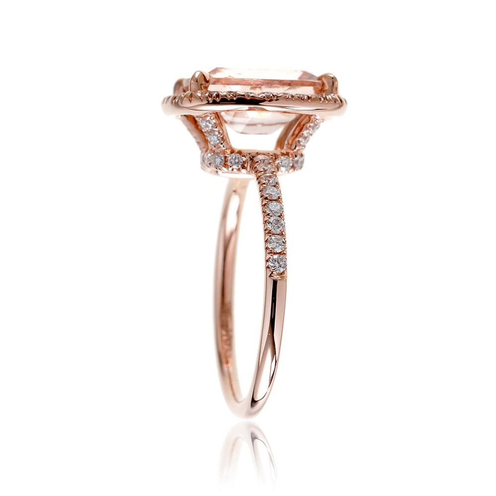 Morganite ring emerald cut diamond halo the Drenched rose gold