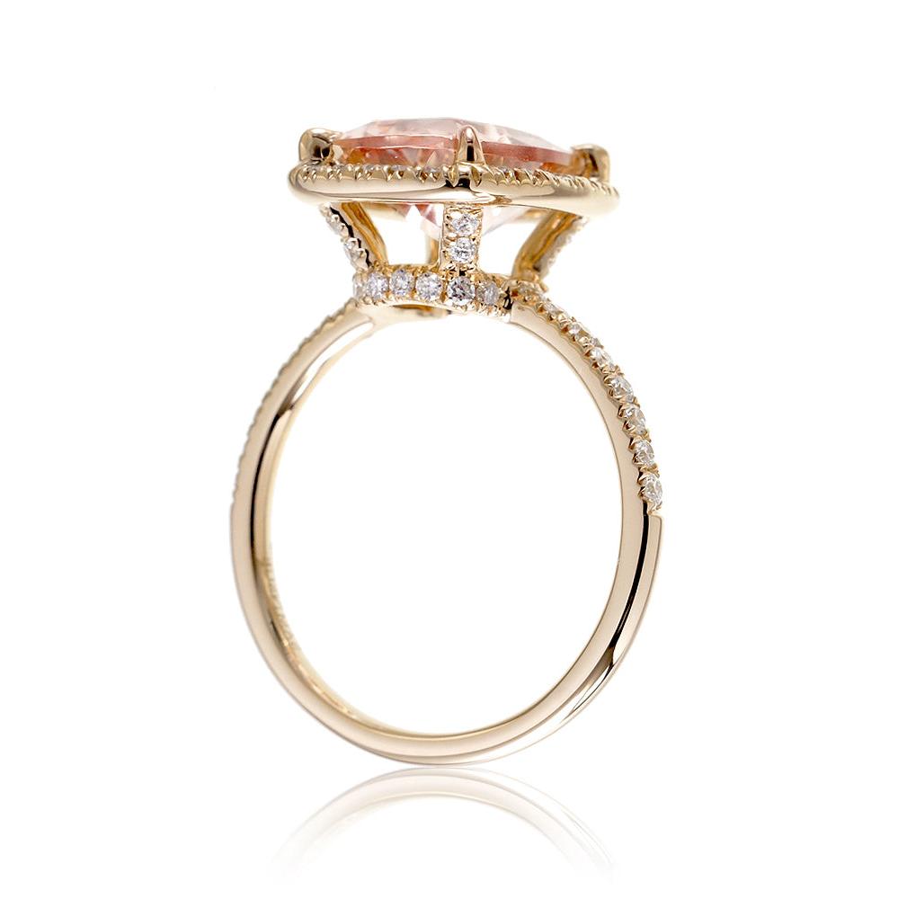 Morganite ring emerald cut diamond halo the Drenched yellow gold