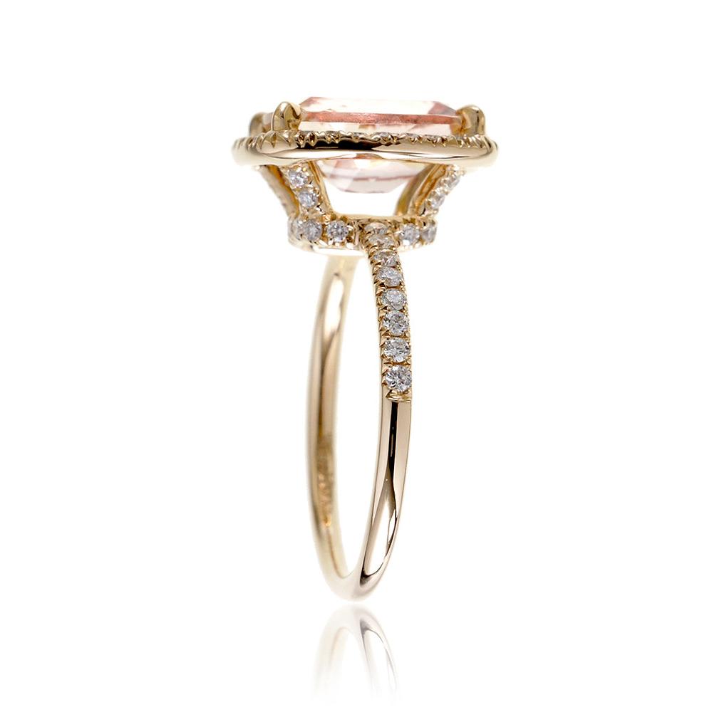 Morganite ring emerald cut diamond halo the Drenched yellow gold