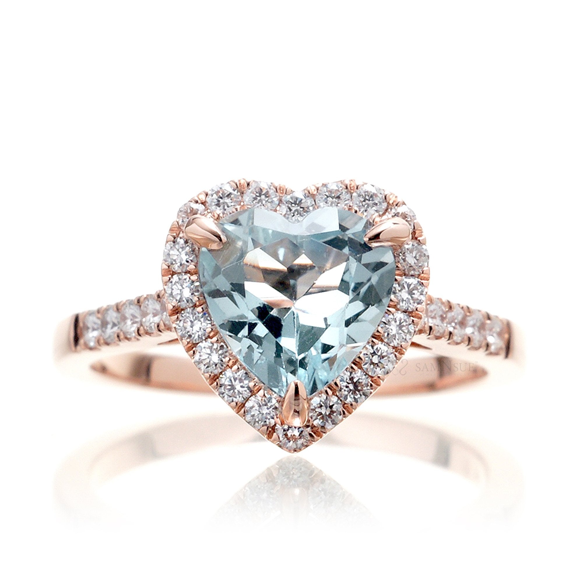 Heart aquamarine ring with diamond halo and band rose gold