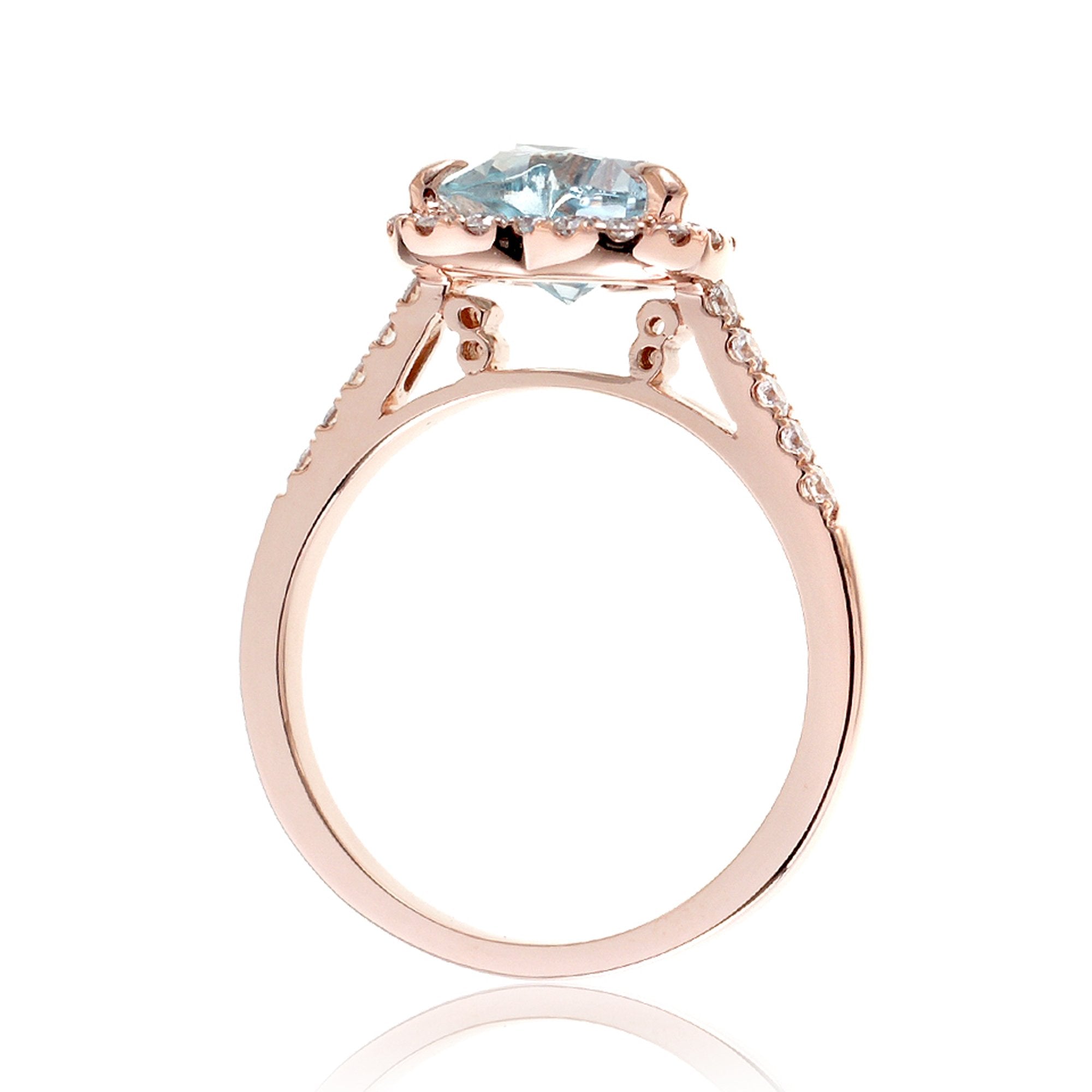 Heart aquamarine ring with diamond halo and band rose gold