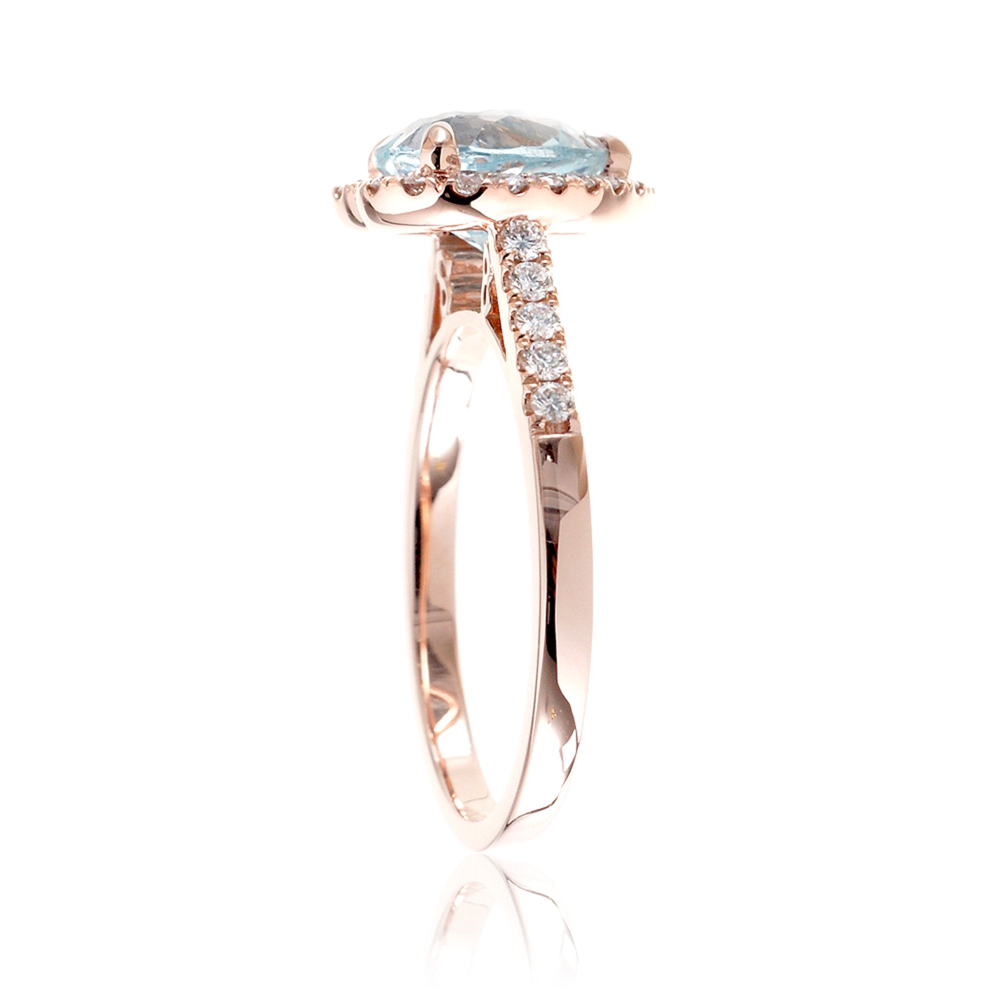 Heart aquamarine ring with diamond halo and band rose gold