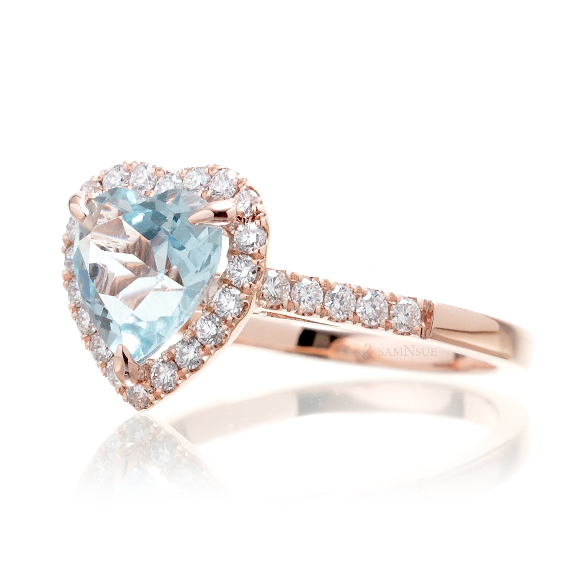 Heart aquamarine ring with diamond halo and band rose gold