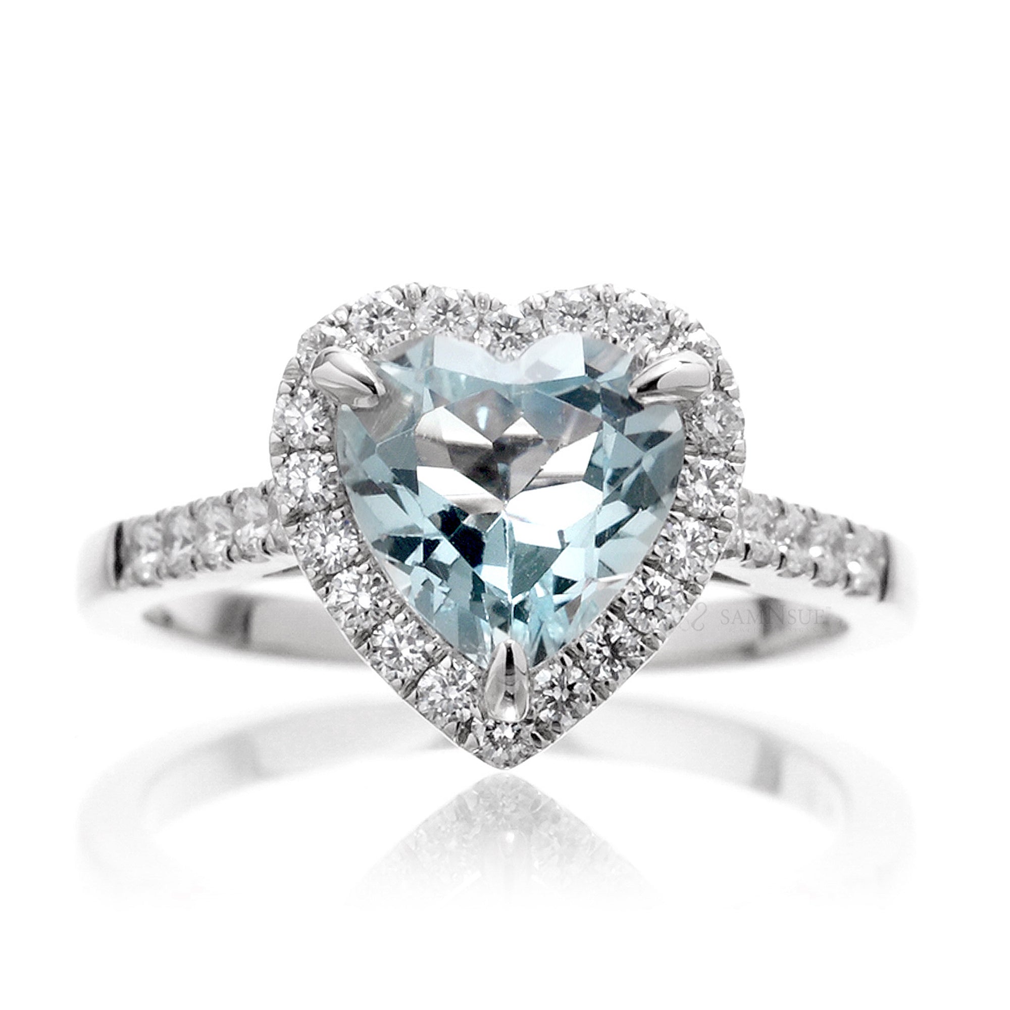 Heart aquamarine ring with diamond halo and band white gold