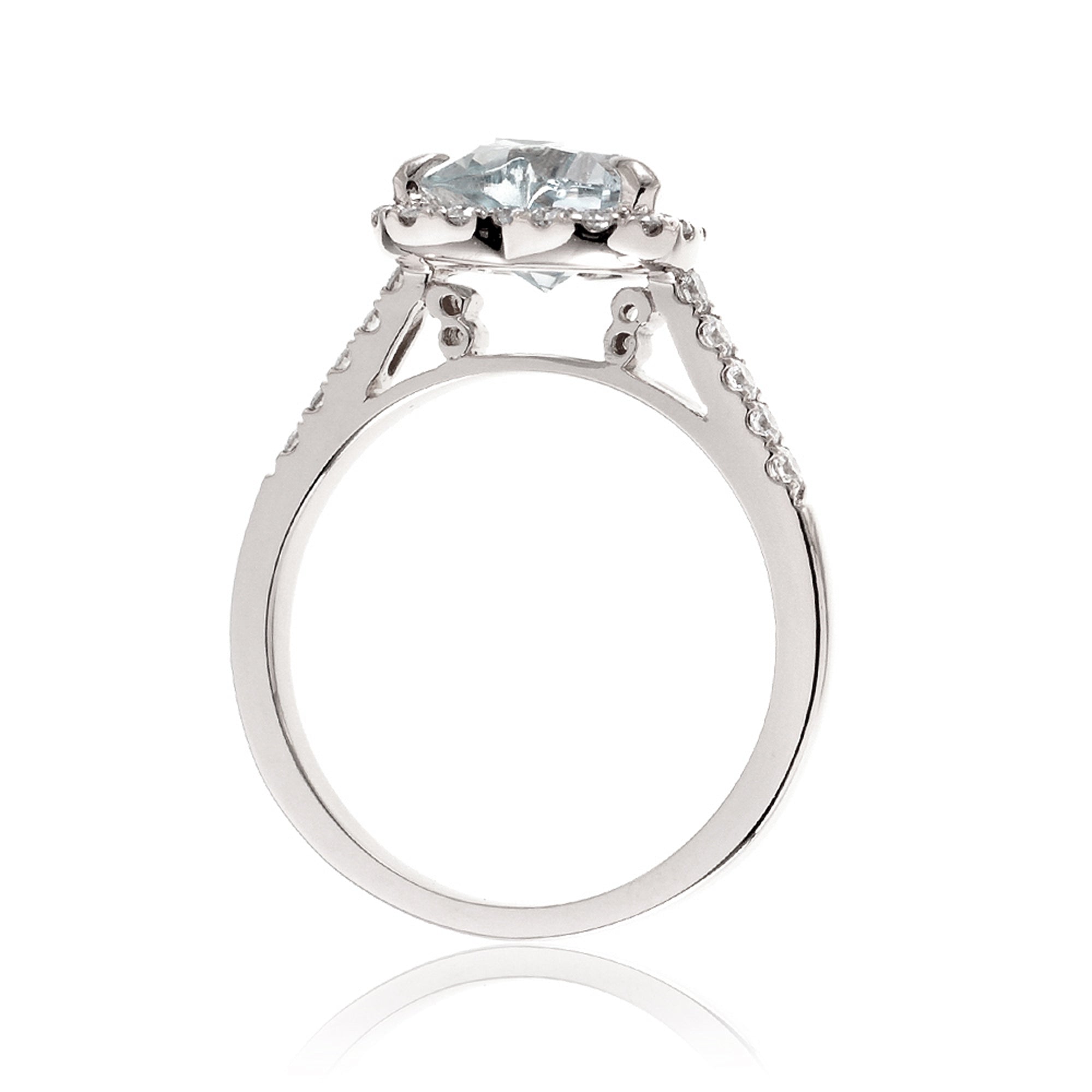 Heart aquamarine ring with diamond halo and band white gold