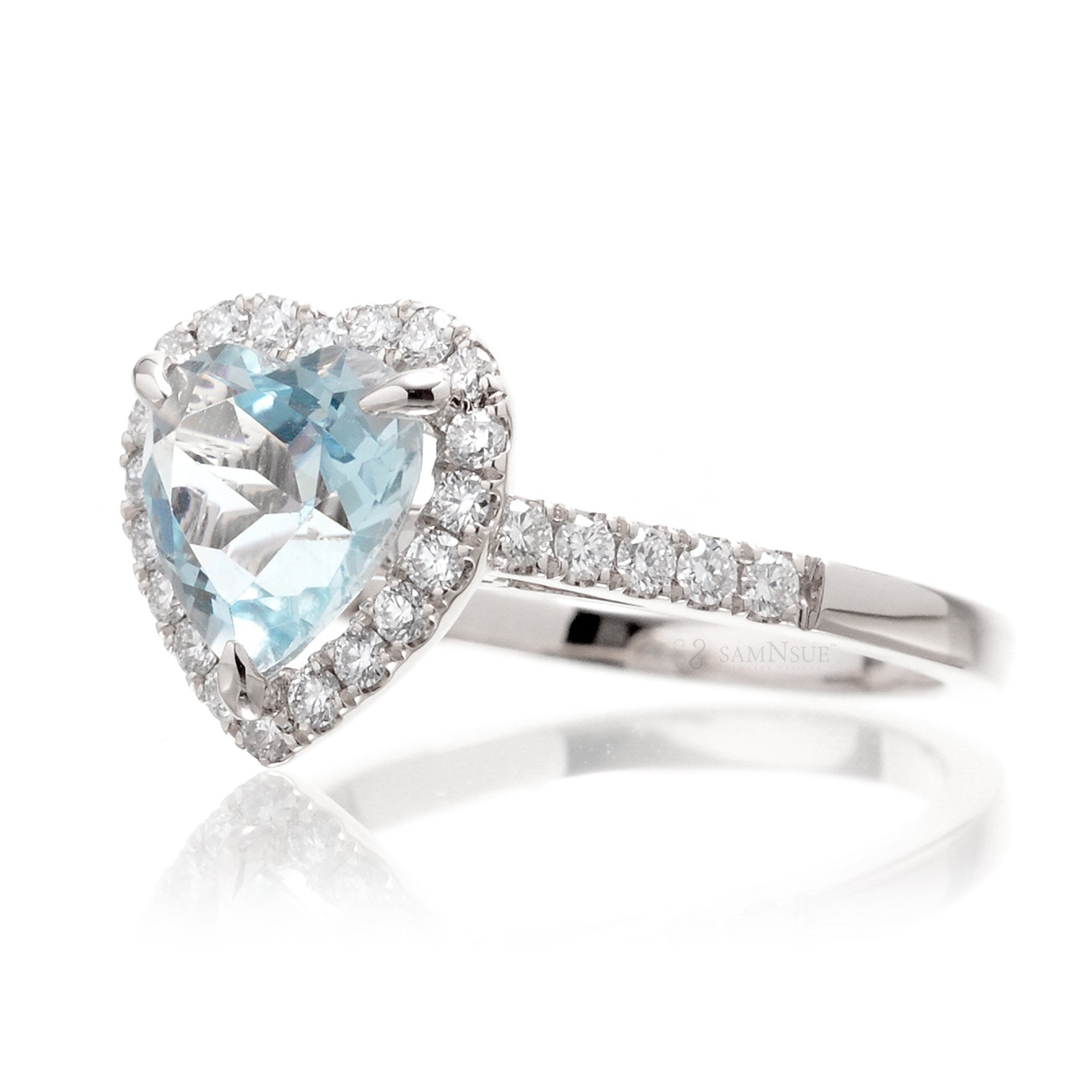 Heart aquamarine ring with diamond halo and band white gold