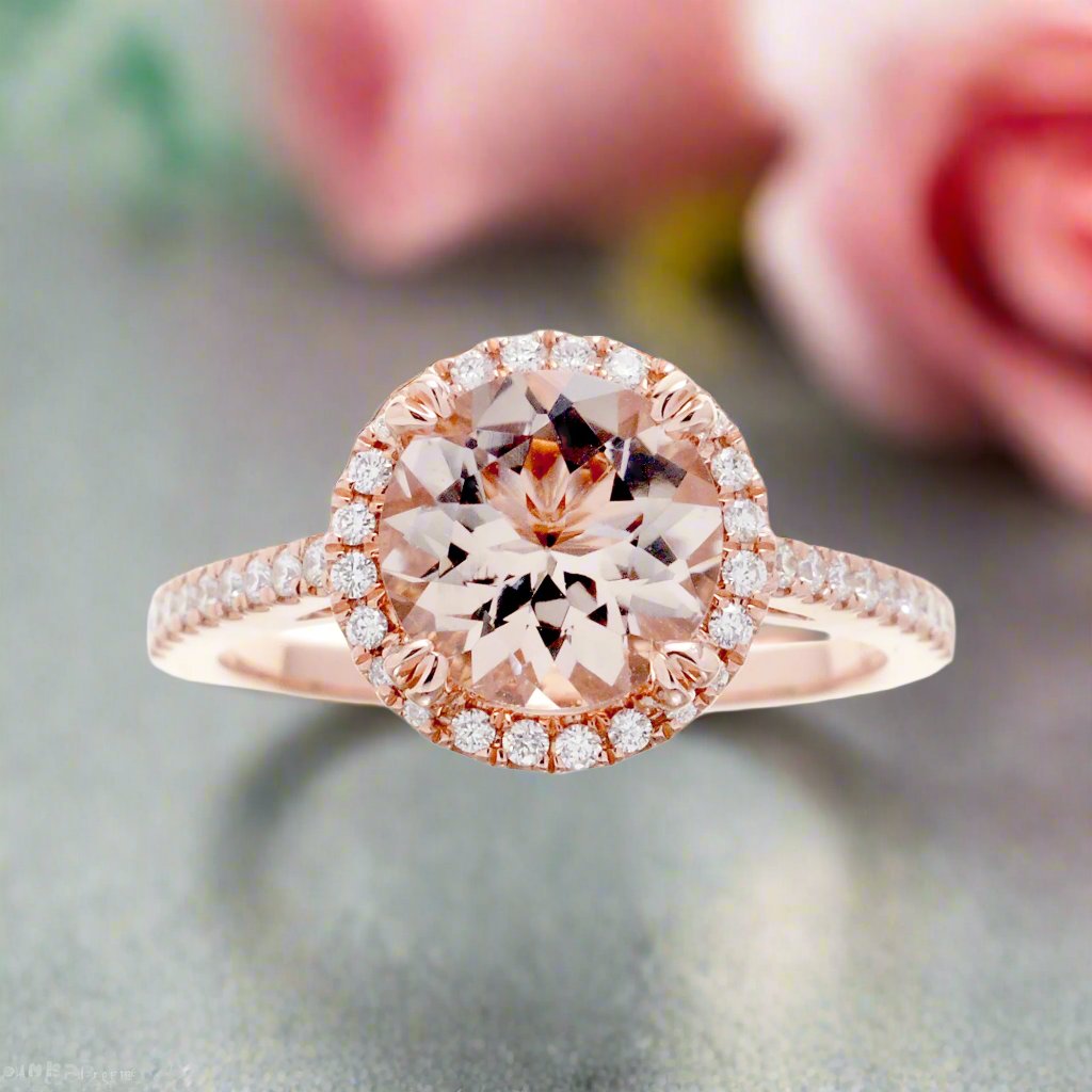 Round morganite diamond halo engagement ring in rose gold