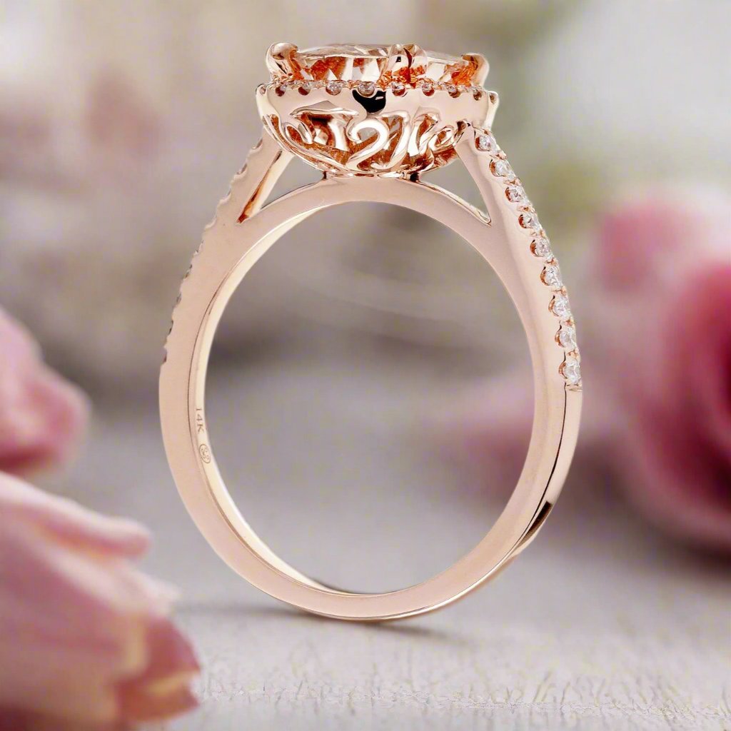 Round morganite diamond halo engagement ring in rose gold