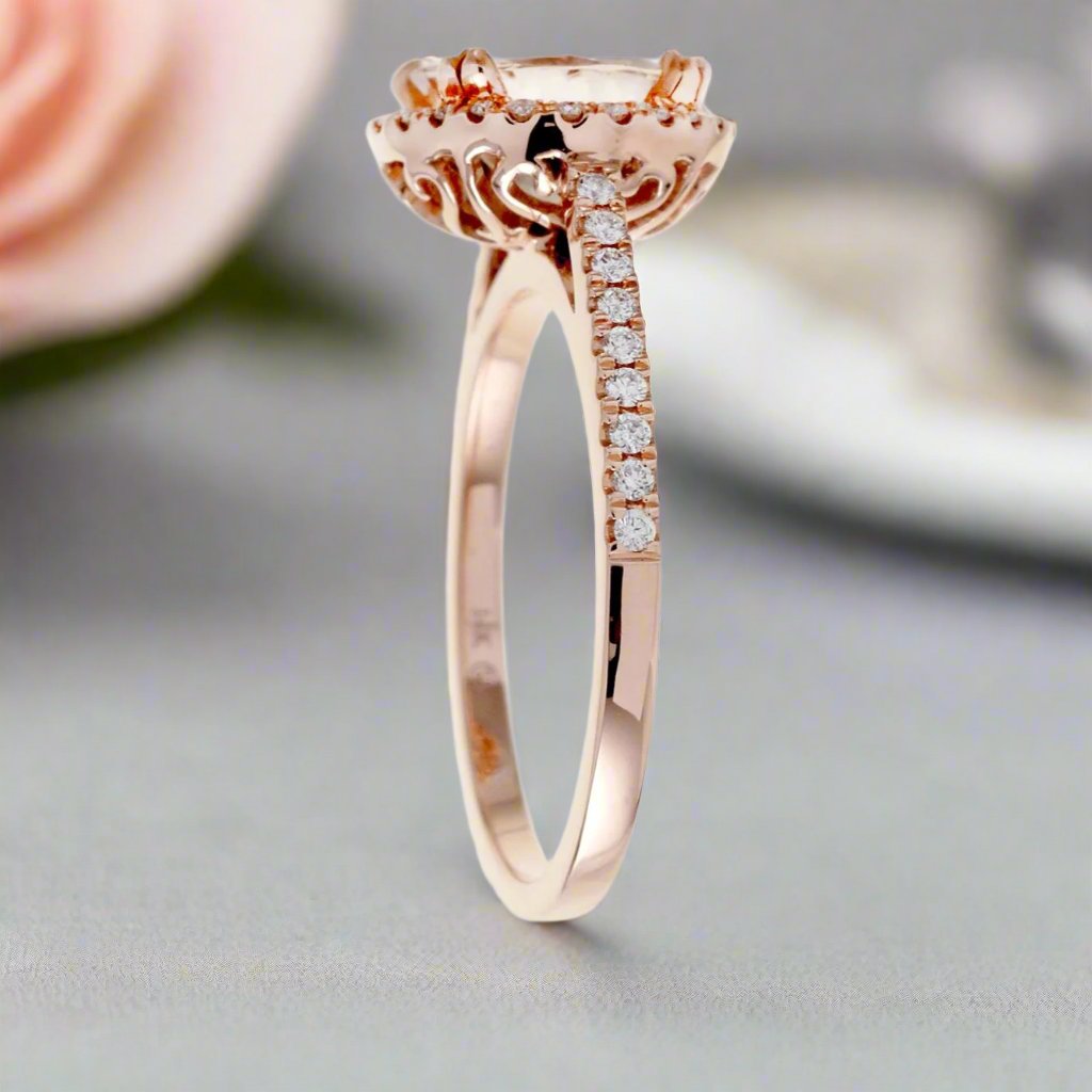 Round morganite diamond halo engagement ring in rose gold