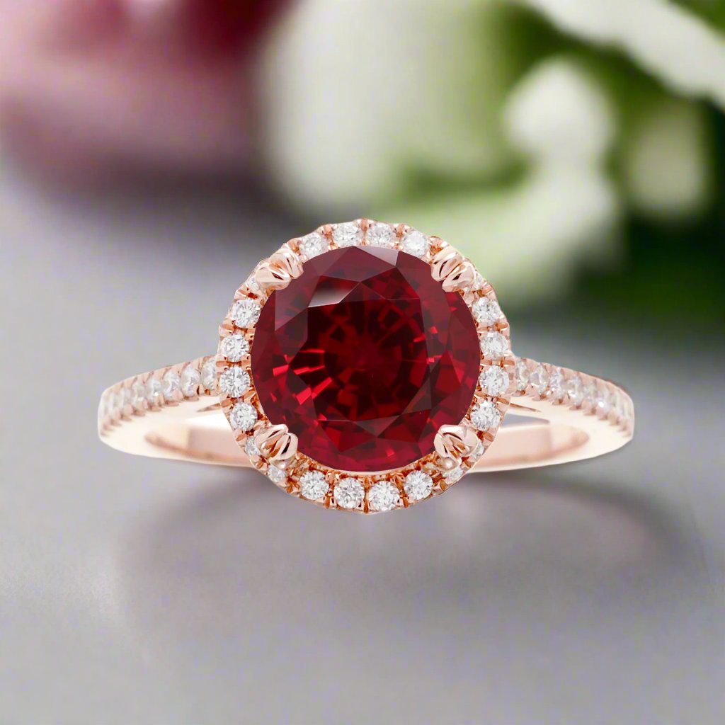 Ruby engagement ring round diamond halo in rose gold