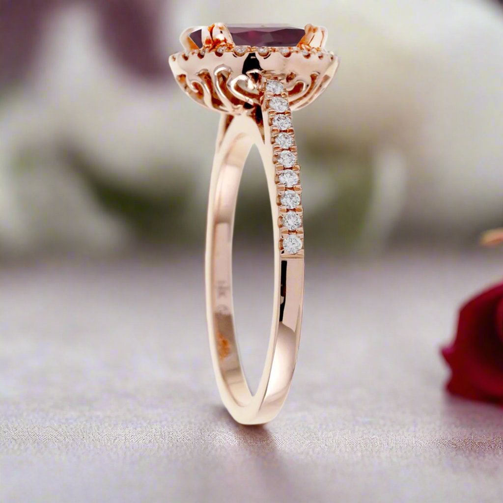 Ruby engagement ring round diamond halo in rose gold