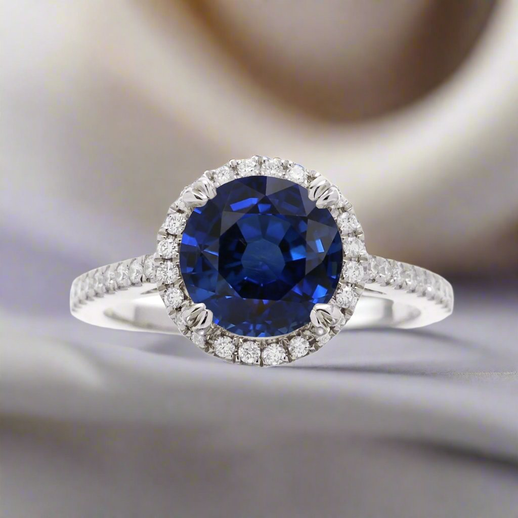 Round sapphire engagement ring with a diamond halo in white gold