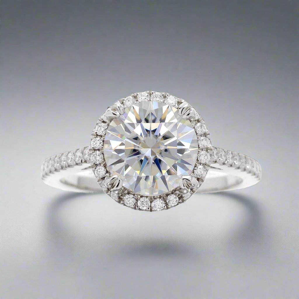 Round diamond engagement ring with halo in white gold