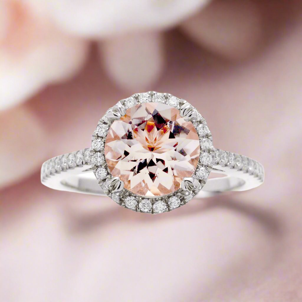 Round morganite diamond halo engagement ring in white gold