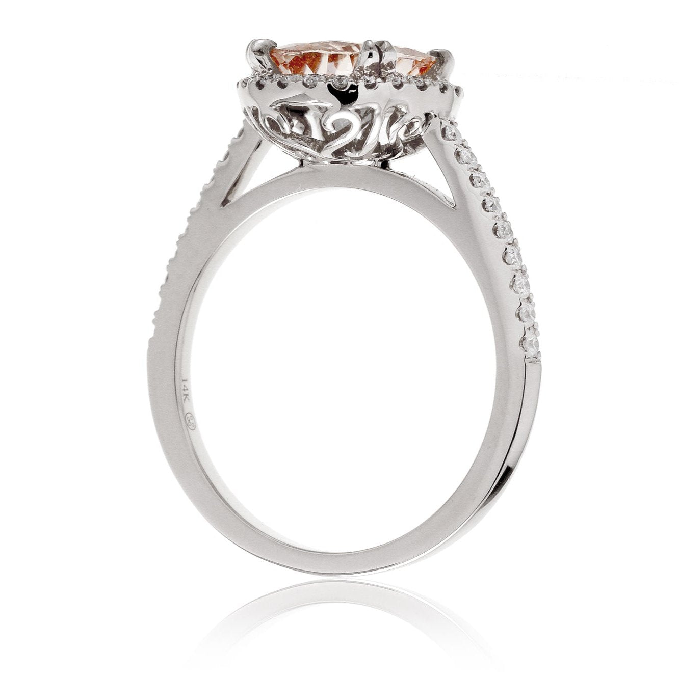 Round morganite diamond halo engagement ring in white gold