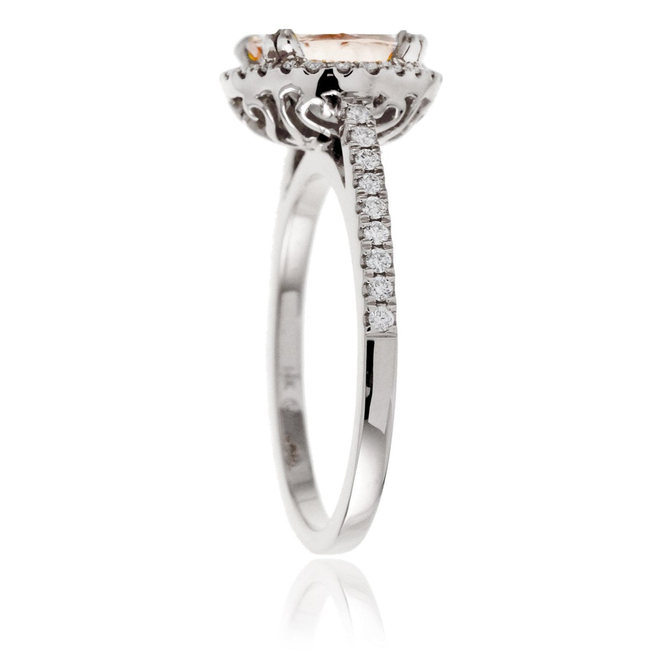 Round morganite diamond halo engagement ring in white gold