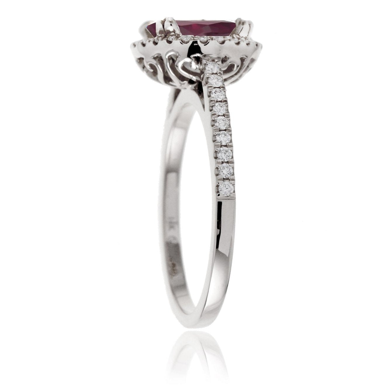 Ruby engagement ring round diamond halo in white gold