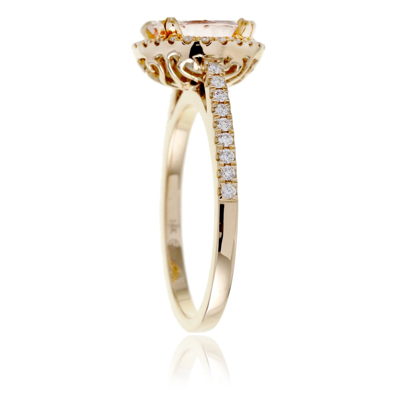 Round morganite diamond halo engagement ring in yellow gold