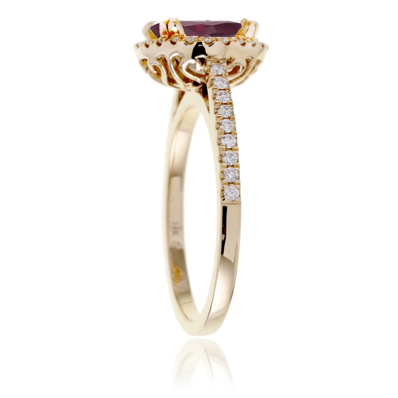 Ruby engagement ring round diamond halo in yellow gold