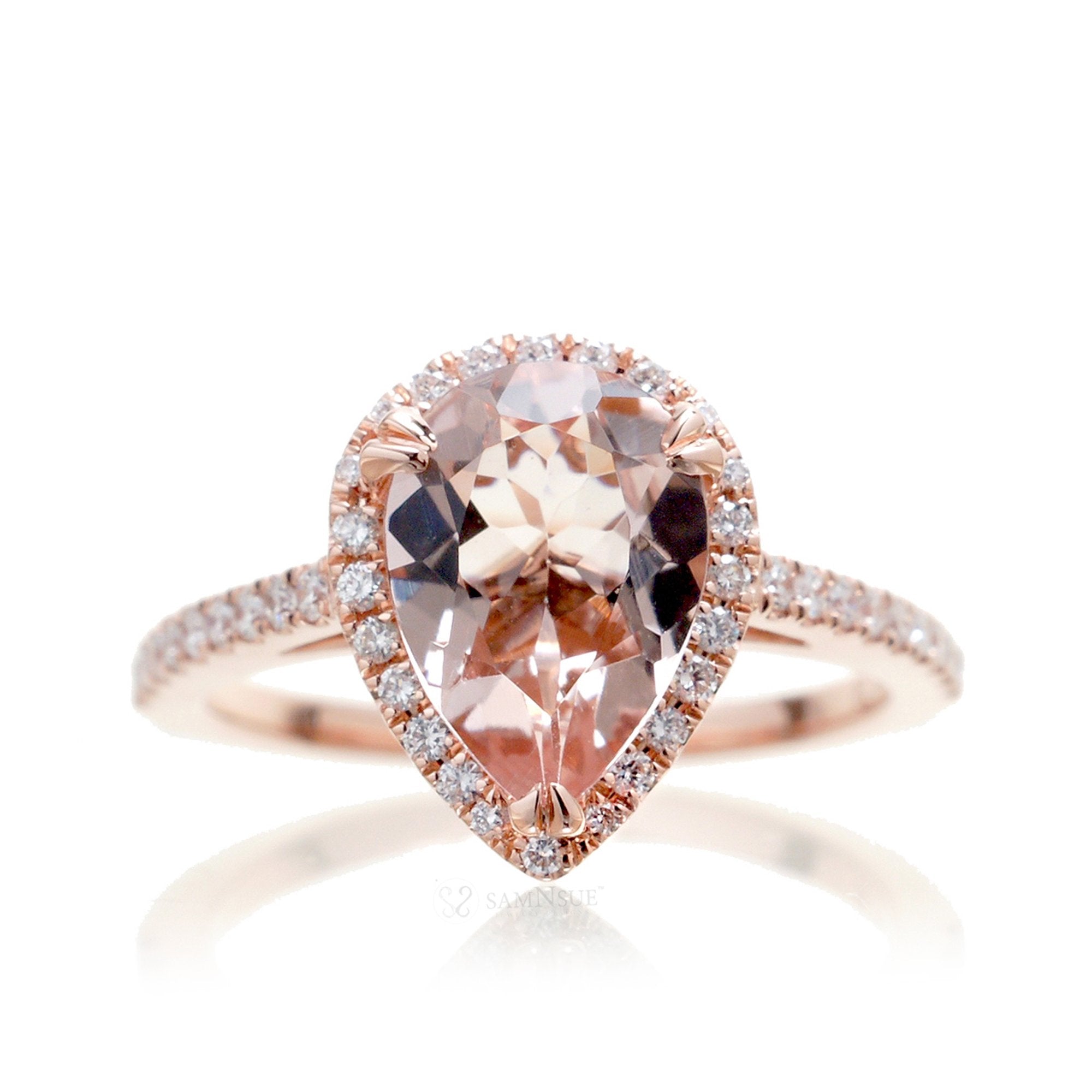 Pear morganite diamond halo ring in rose gold - the Signature