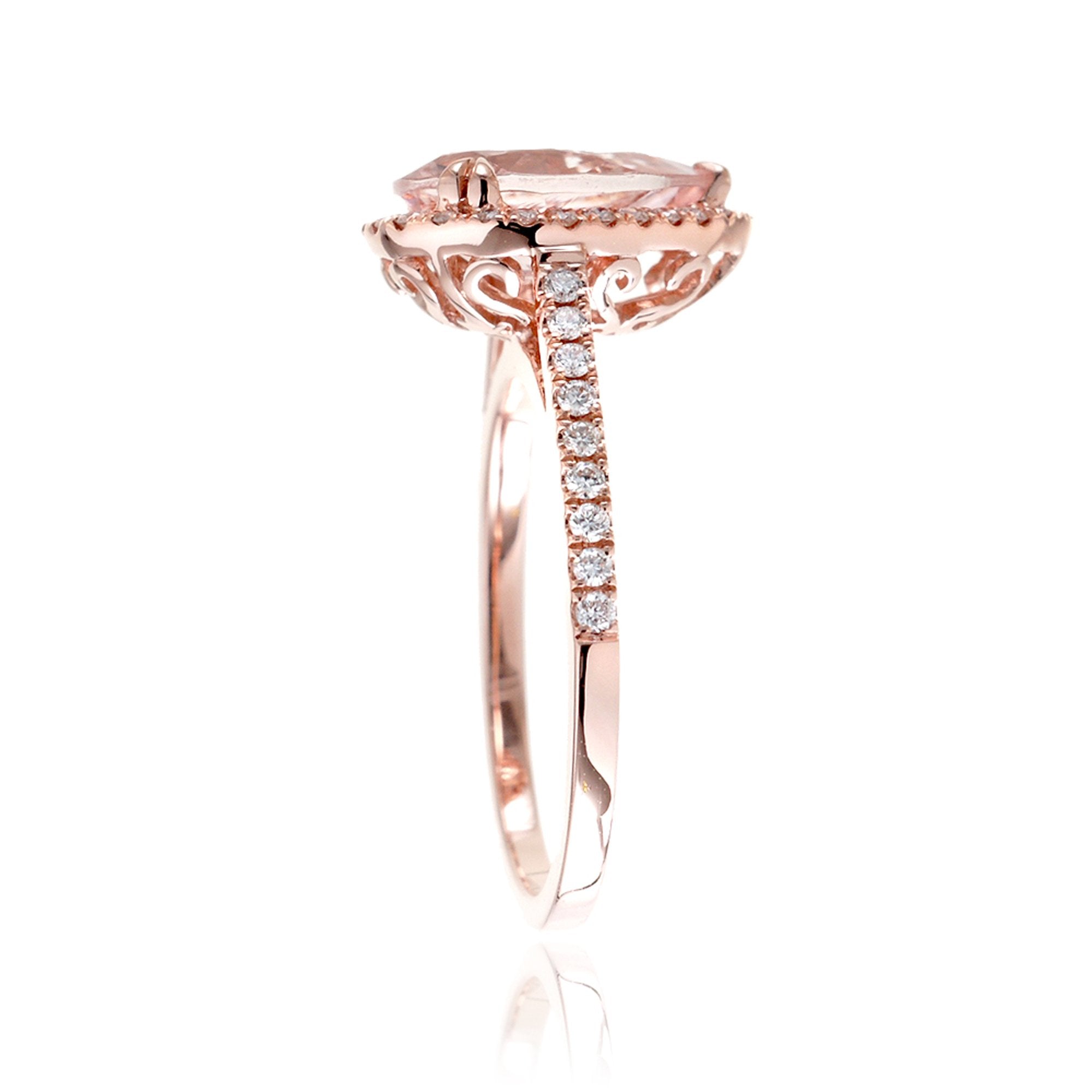 Pear morganite diamond halo ring in rose gold - the Signature