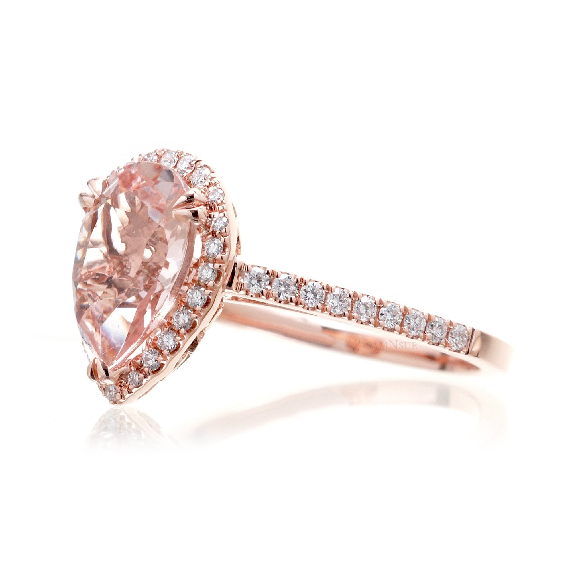 Pear morganite diamond halo ring in rose gold - the Signature