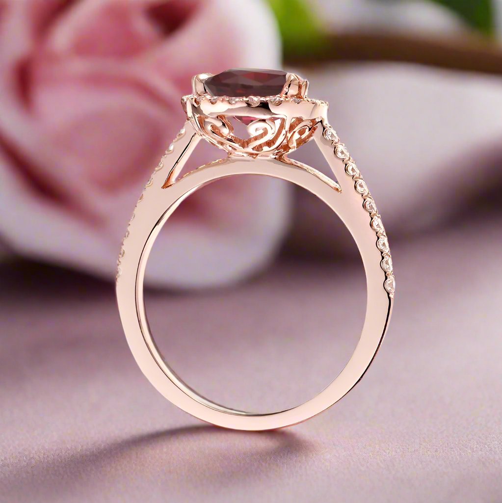 Ruby engagement ring round diamond halo in rose gold