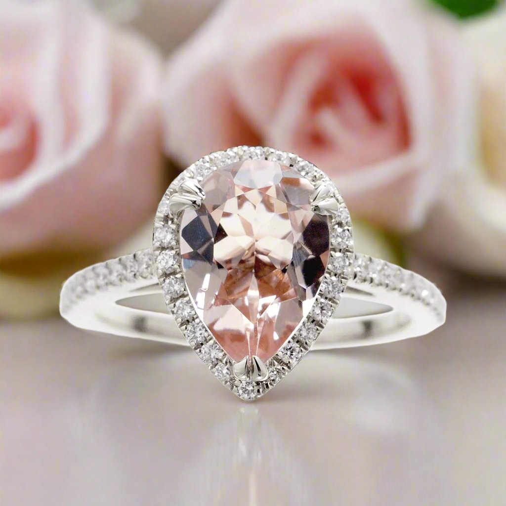 Pear morganite diamond halo ring in white gold - the Signature