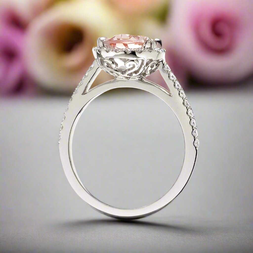 Pear morganite diamond halo ring in white gold - the Signature