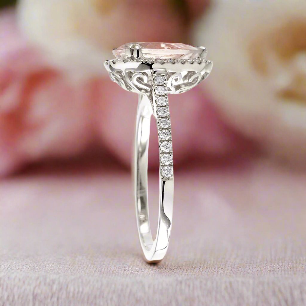 Pear morganite diamond halo ring in white gold - the Signature