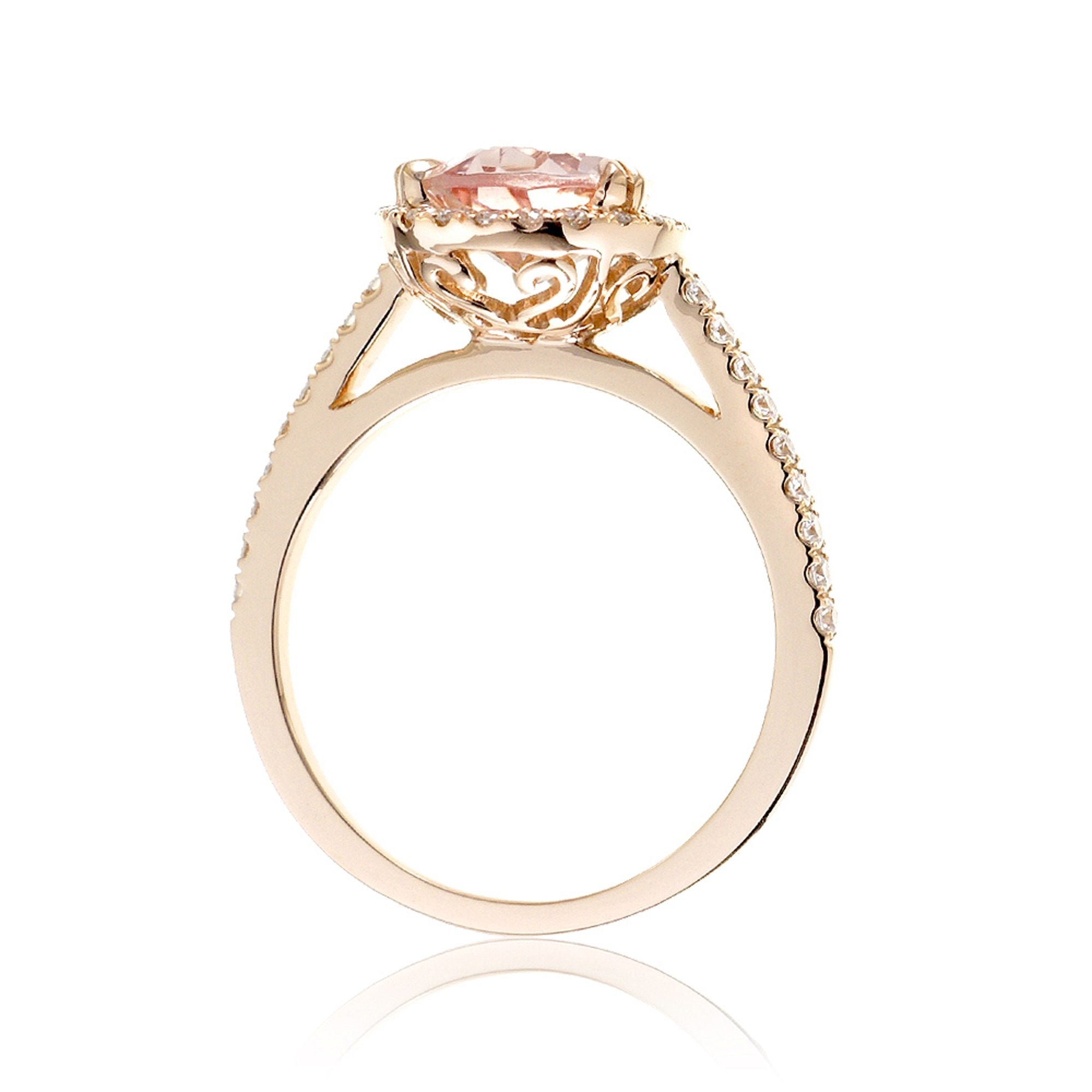 Pear morganite diamond halo ring in yellow gold - the Signature