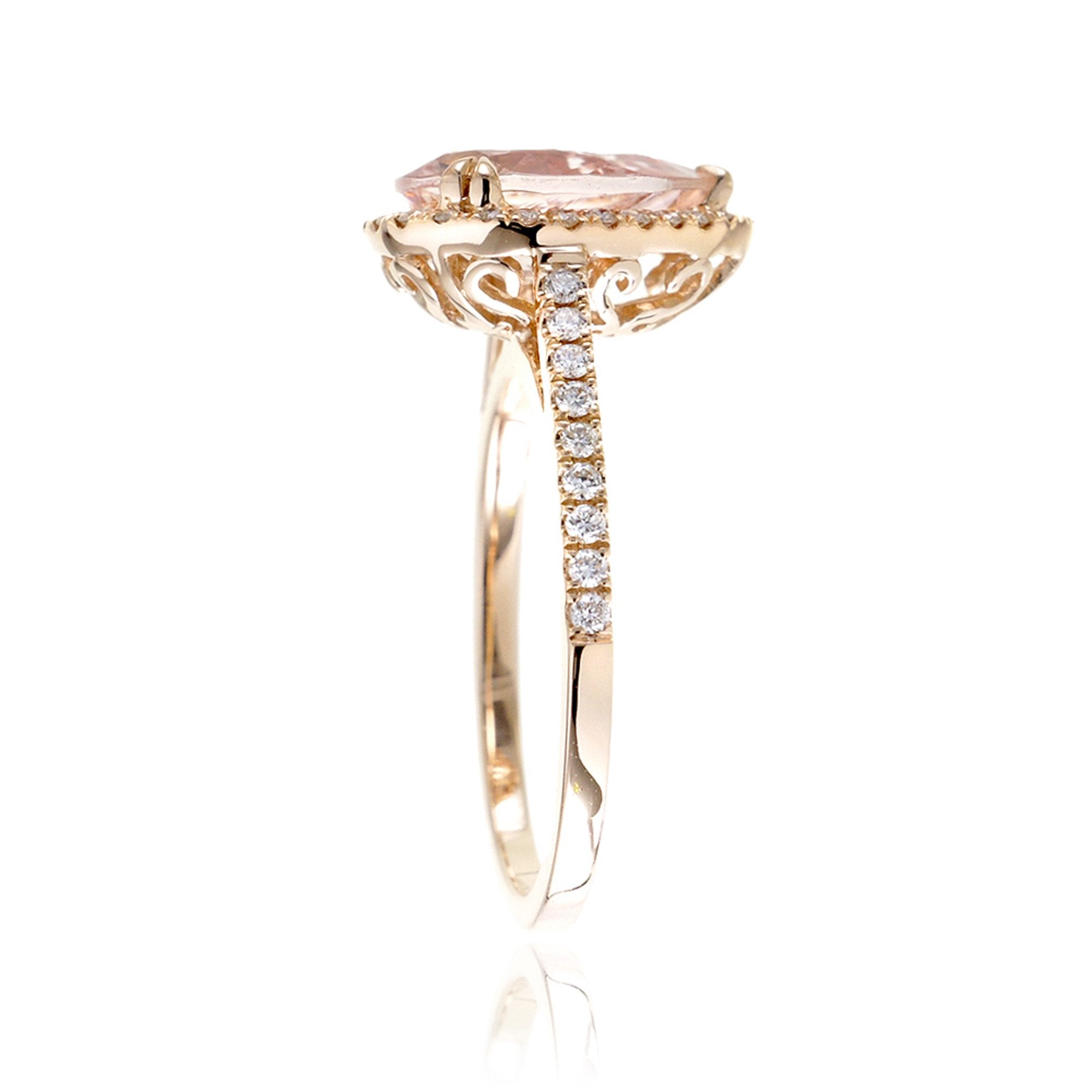 Pear morganite diamond halo ring in yellow gold - the Signature