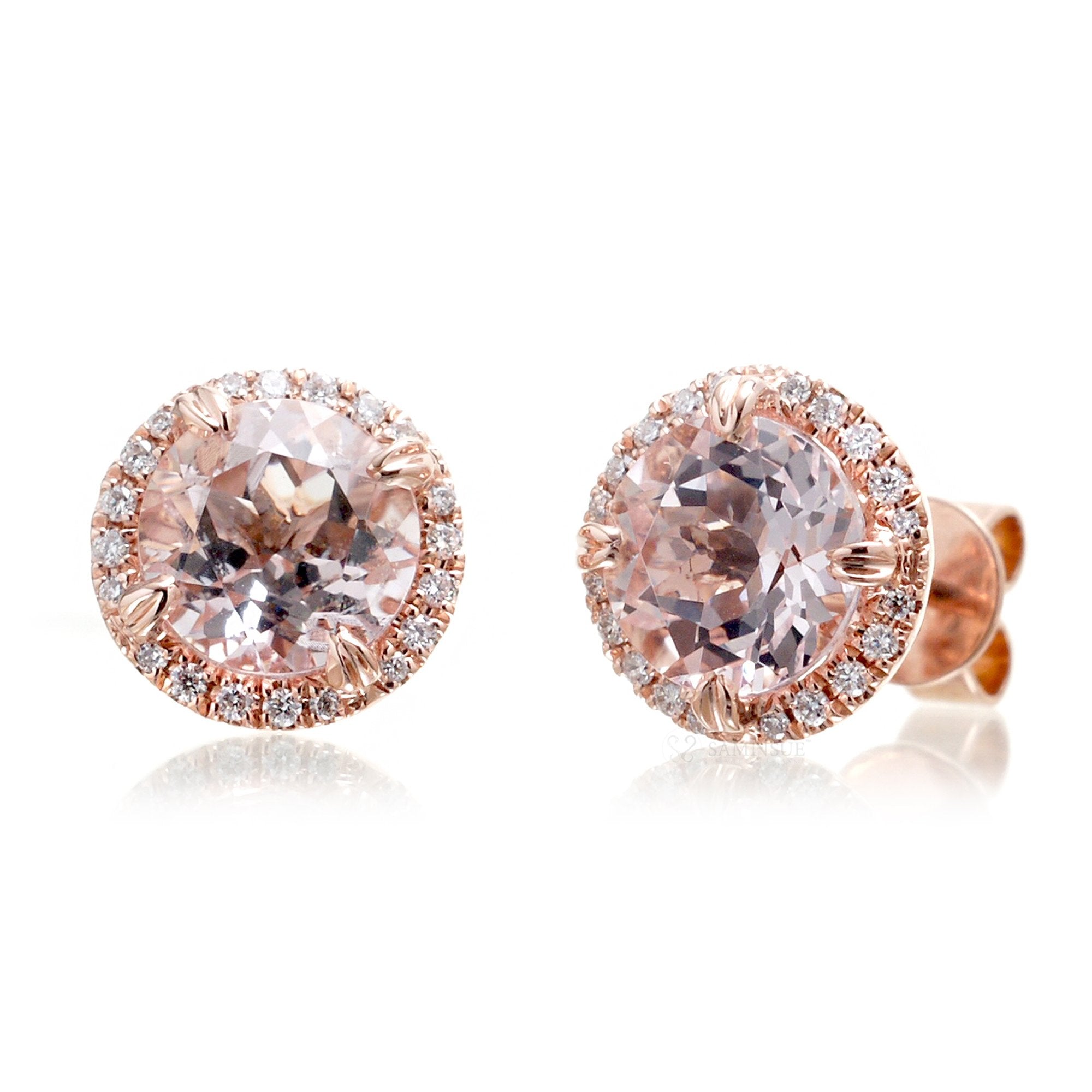 Round morganite diamond halo stud earrings rose gold