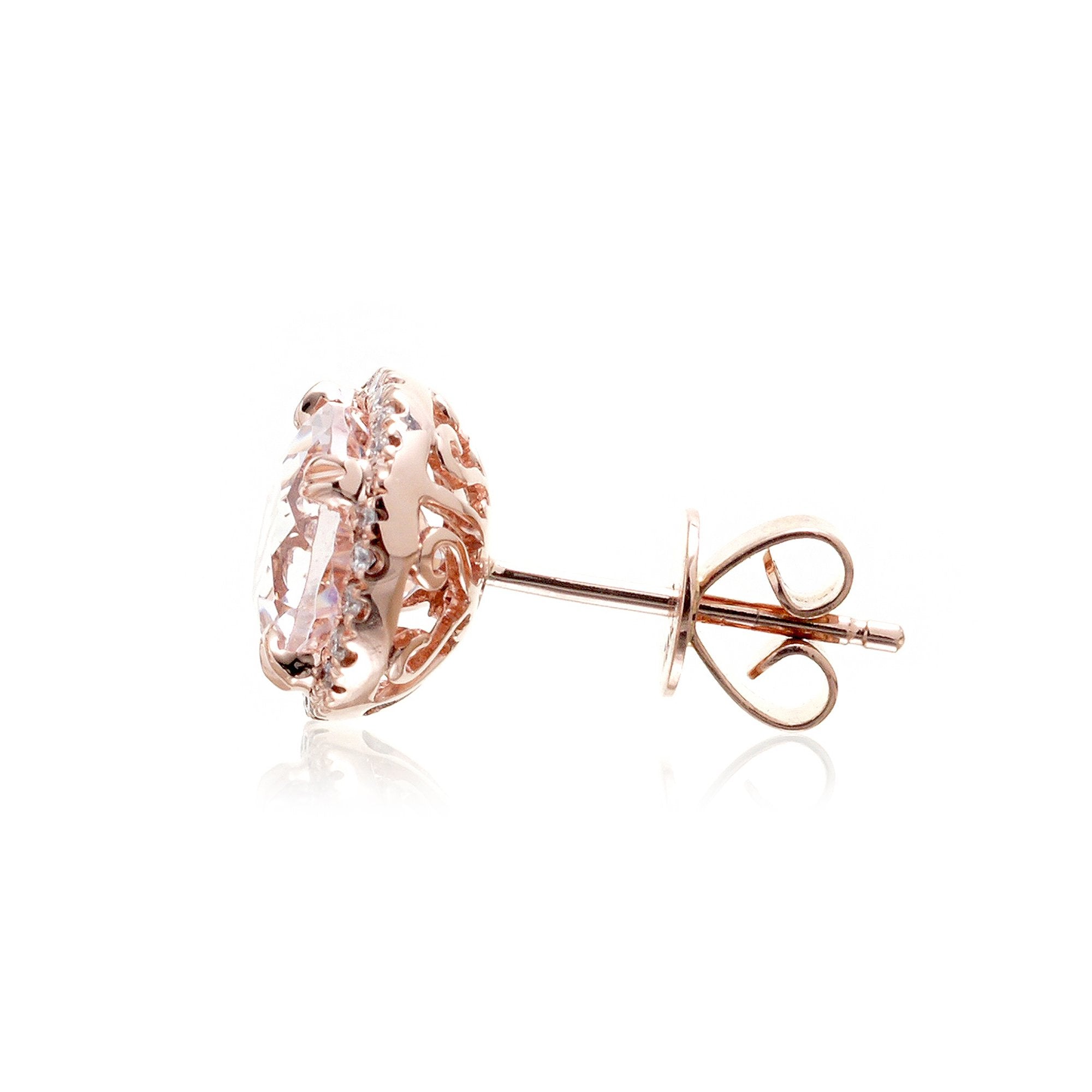 Round morganite diamond halo stud earrings rose gold