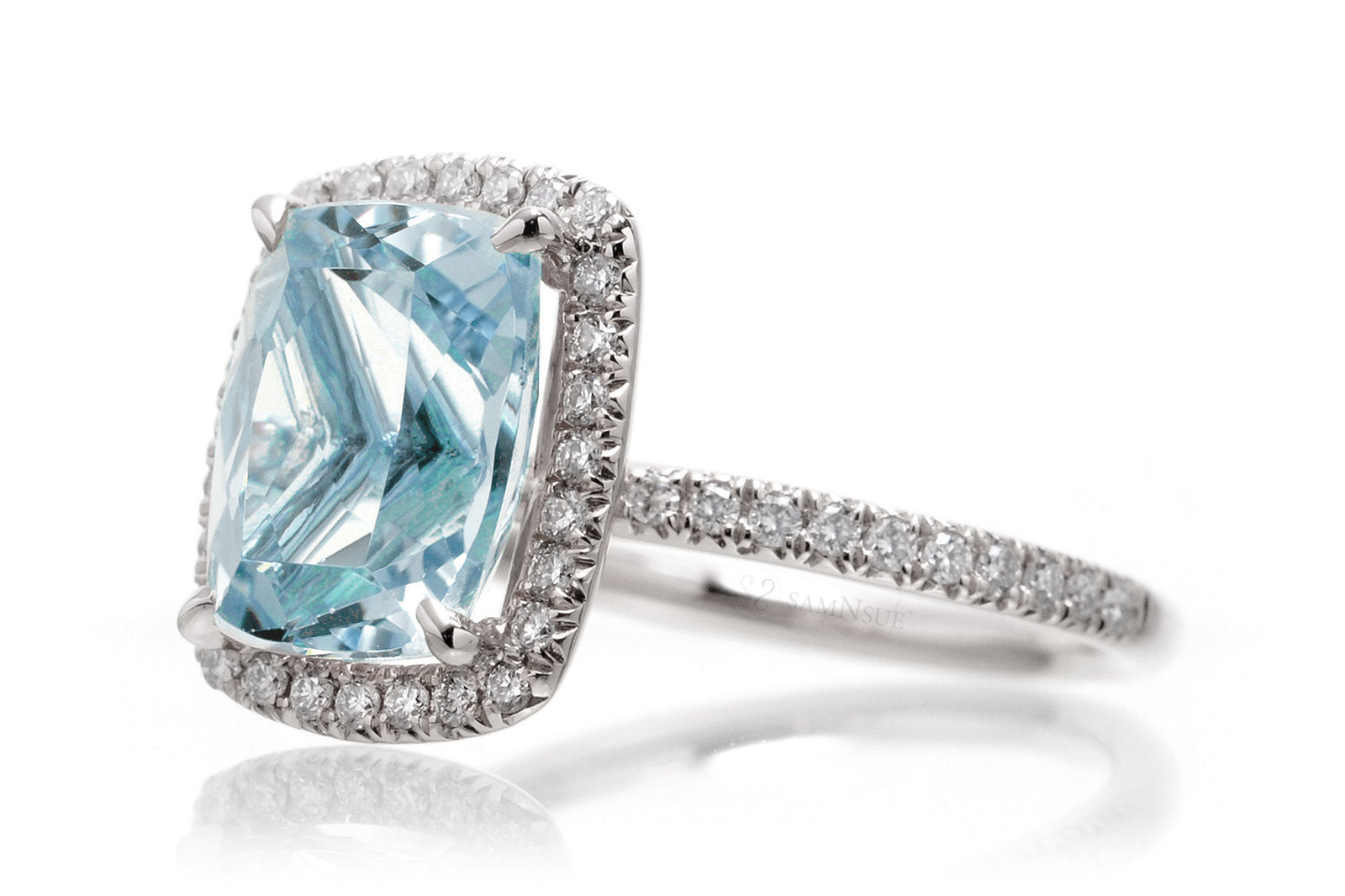 Cushion Aquamarine Ring With Diamond Halo And Diamond Band