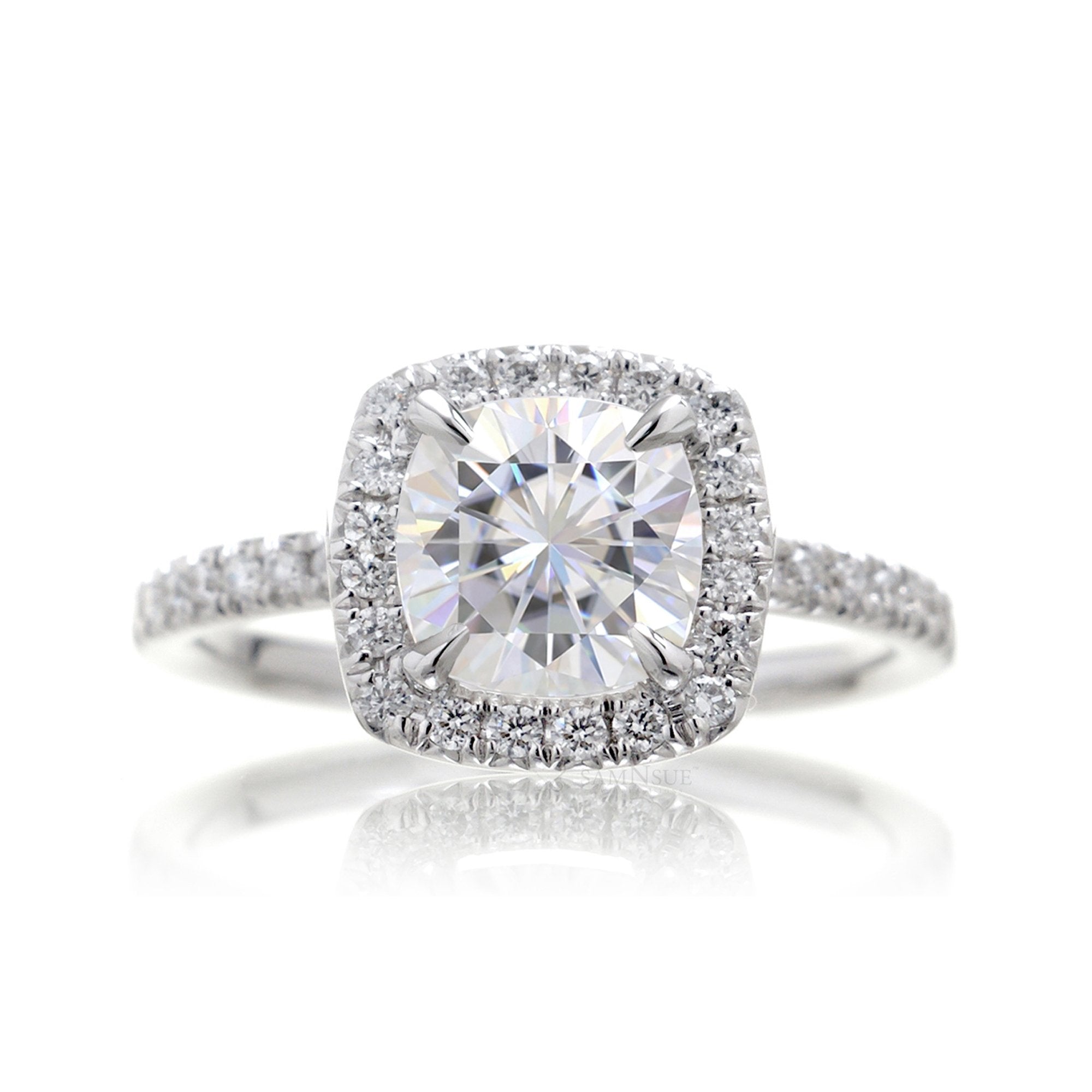 Cushion Moissanite Square Diamond Halo Engagement Ring | The Caitlin