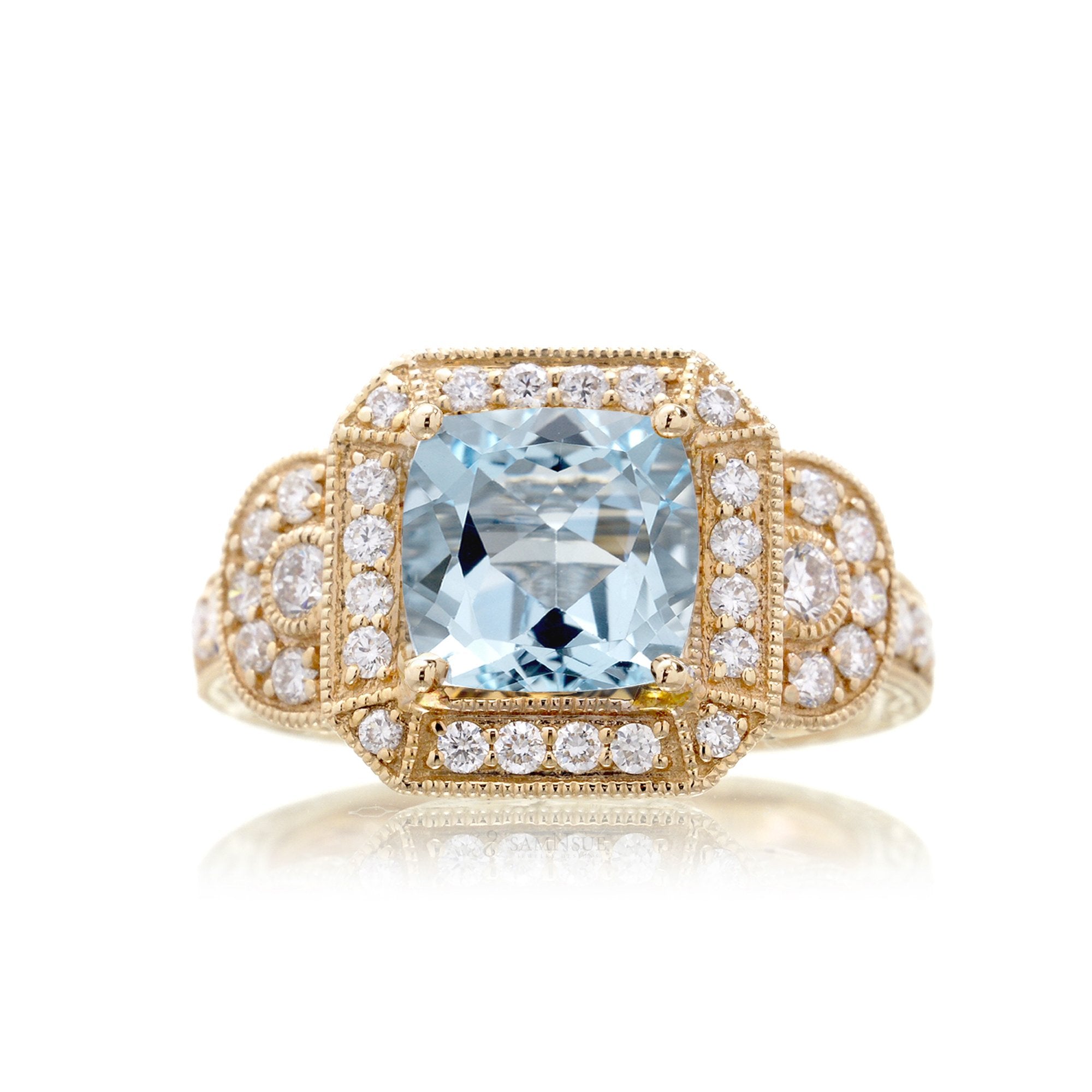 Cushion cut aquamarine vintage antique style three stone diamond halo ring yellow gold