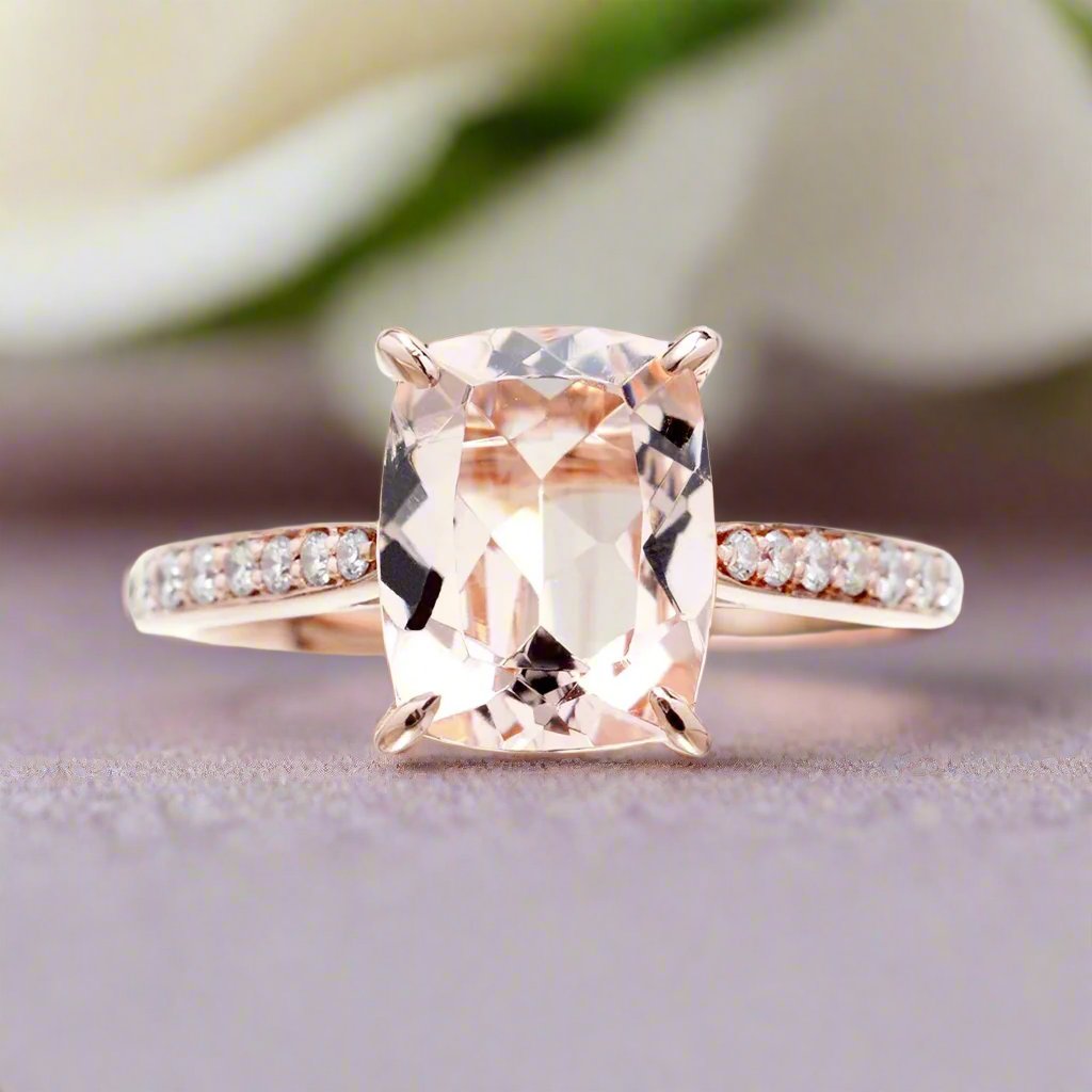 Cushion morganite ring with diamond band in rose gold