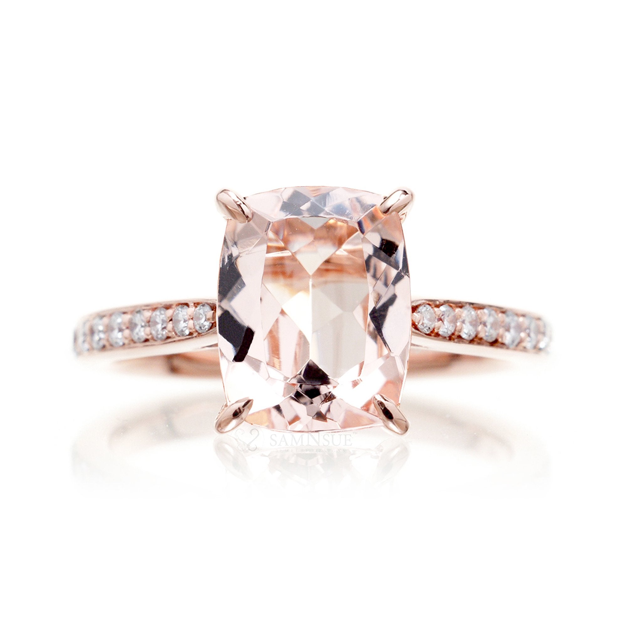 Cushion morganite ring with diamond band in rose gold